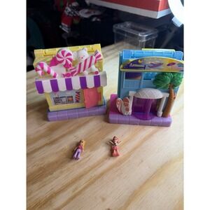 Polly Pocket Mini Playset Lot Candy Shop & Beach Shop w/ Dolls Mattel